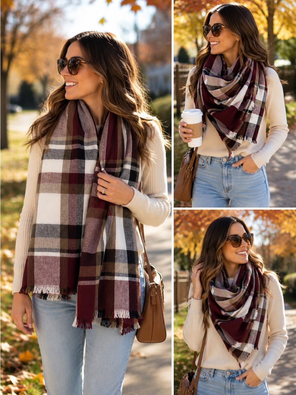 Maroon brown black white plaid check soft fall winter blanket scarf